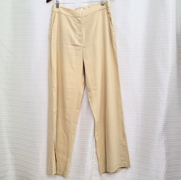 Elegant High Waist Wide Cut Pants Soft Drapey Split Hem Pale Yellow Women's 10 - Picture 2 of 7